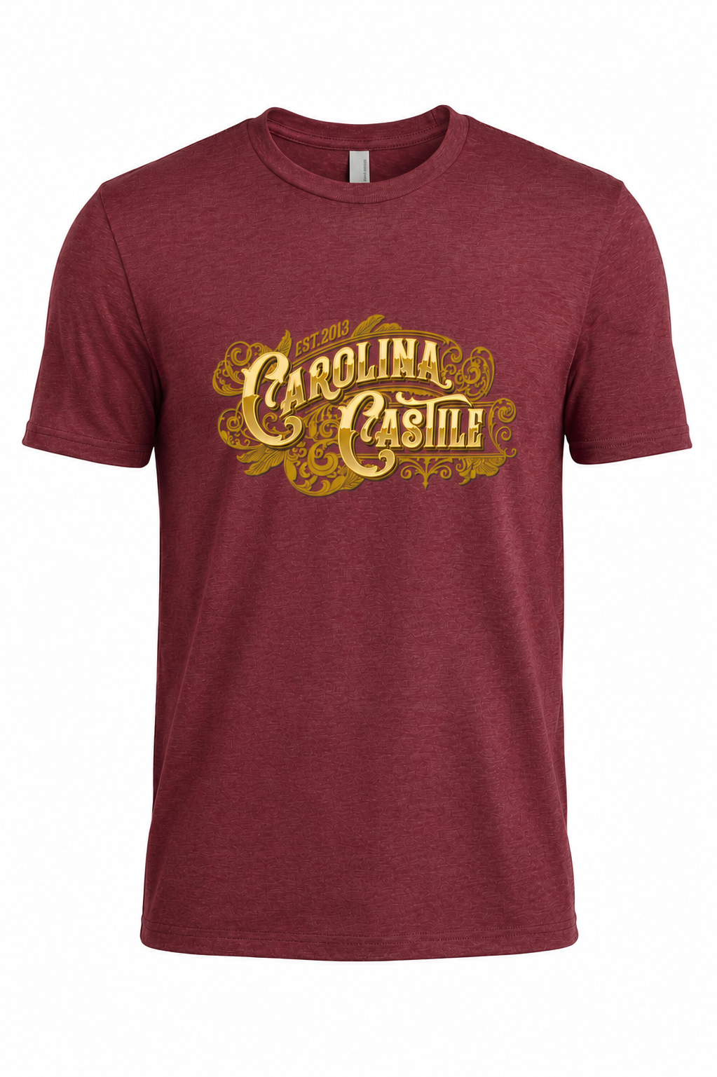 A heather maroon short-sleeve t-shirt with a vintage-style gold graphic on the chest reading 'Carolina Casile' with ornate scrollwork.