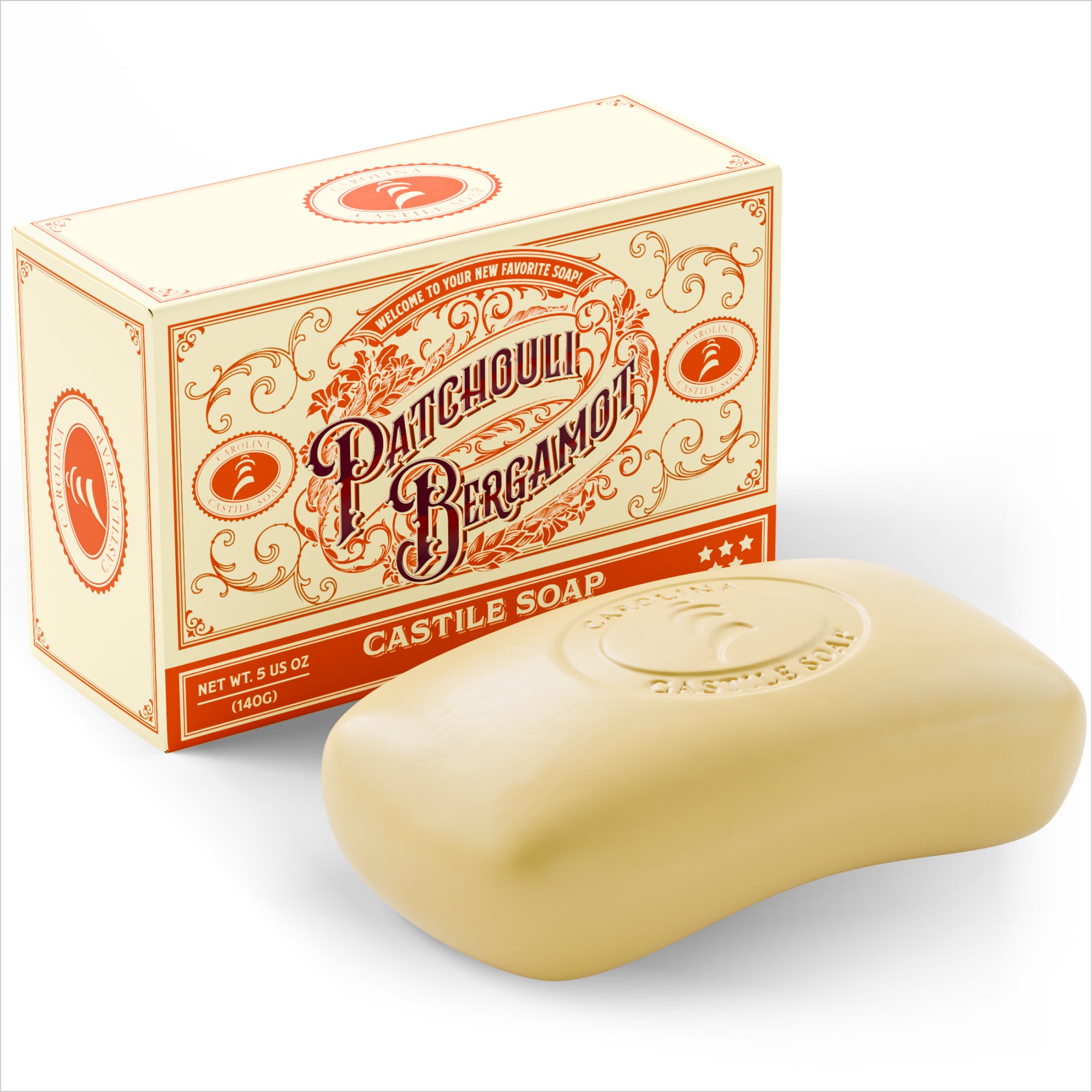 Patchouli Bergamot Castile Soap with packaging on a white background