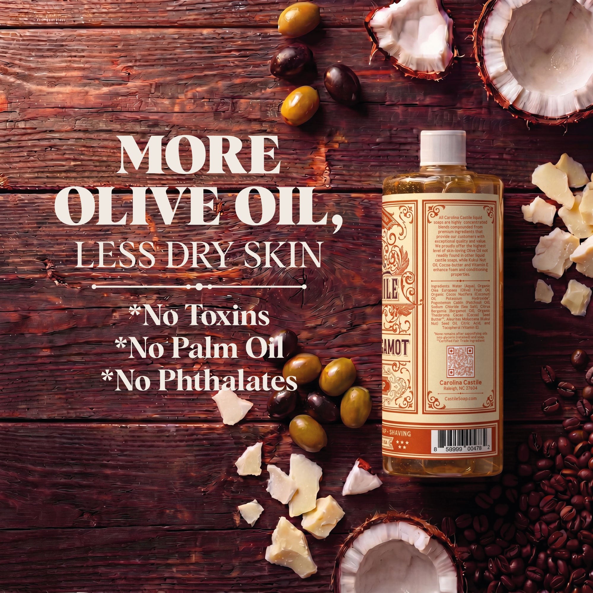 Olive oil bottle with ingredients on a wooden background