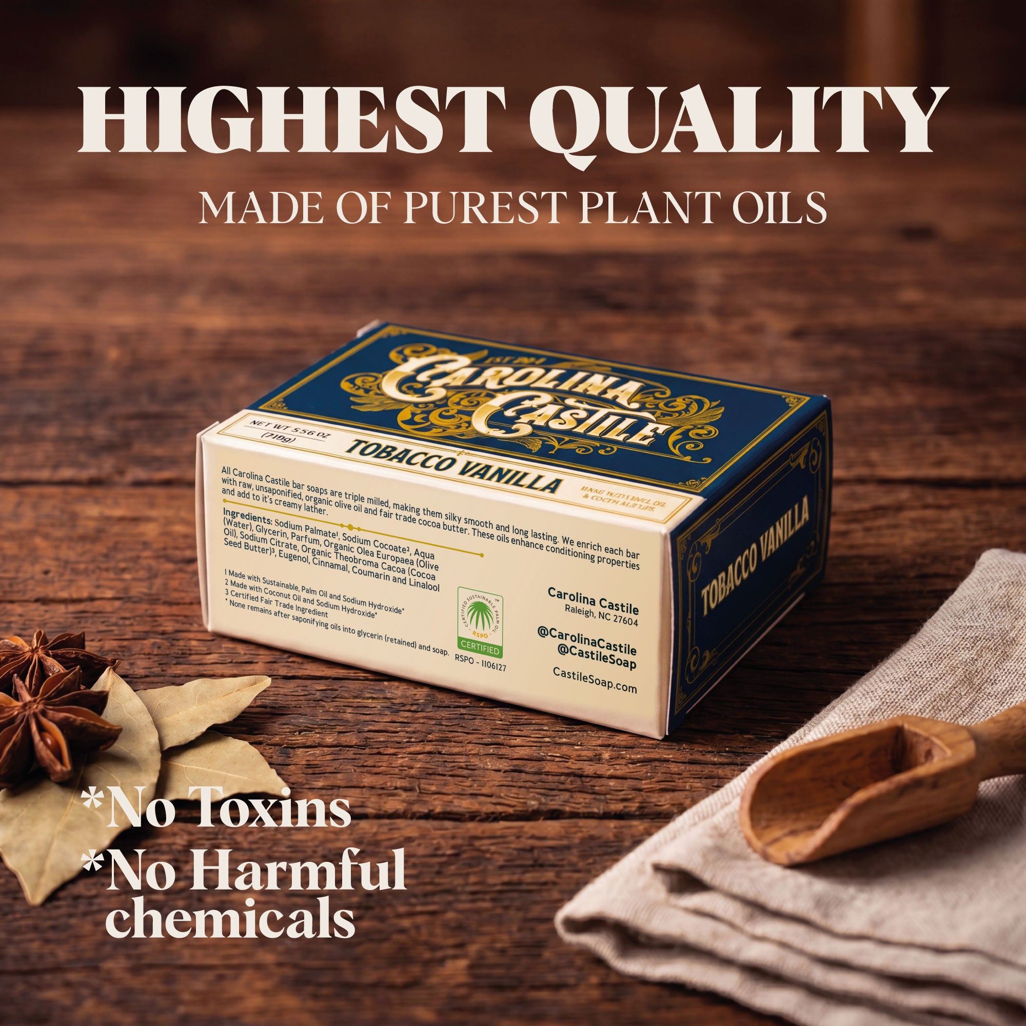 Tobacco Vanilla Castile Bar Soap | Triple Milled | Carolina