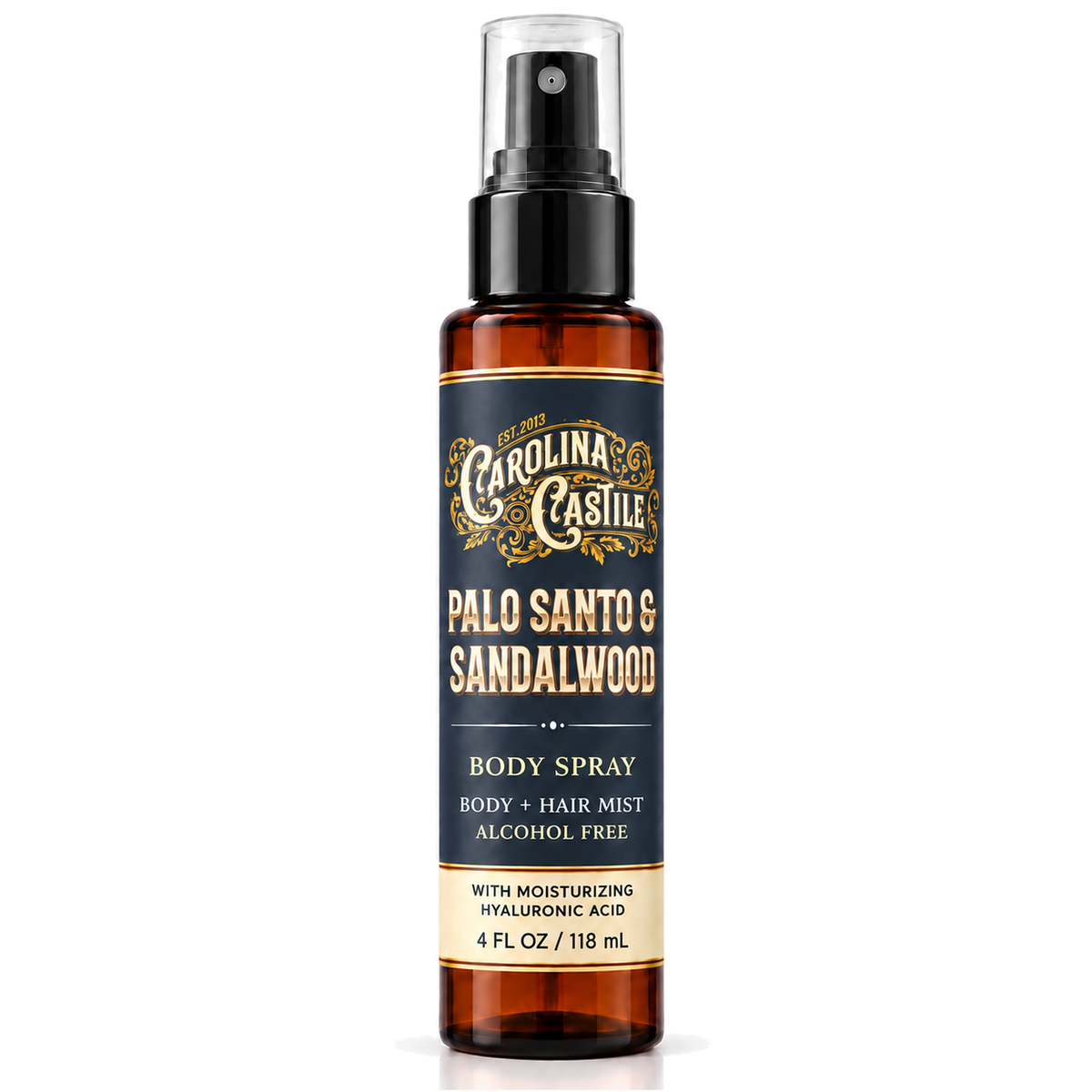Carolina Casille Palo Santo & Sandalwood Body Spray in a 4 fl oz amber glass bottle with a black spray top and a navy blue label.
