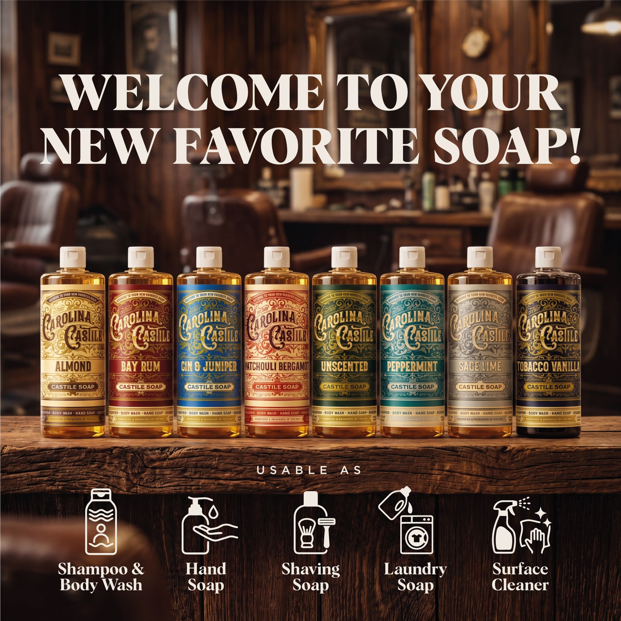 Collection of Carolina Caskory soap bottles on a wooden shelf with a welcoming text overlay.