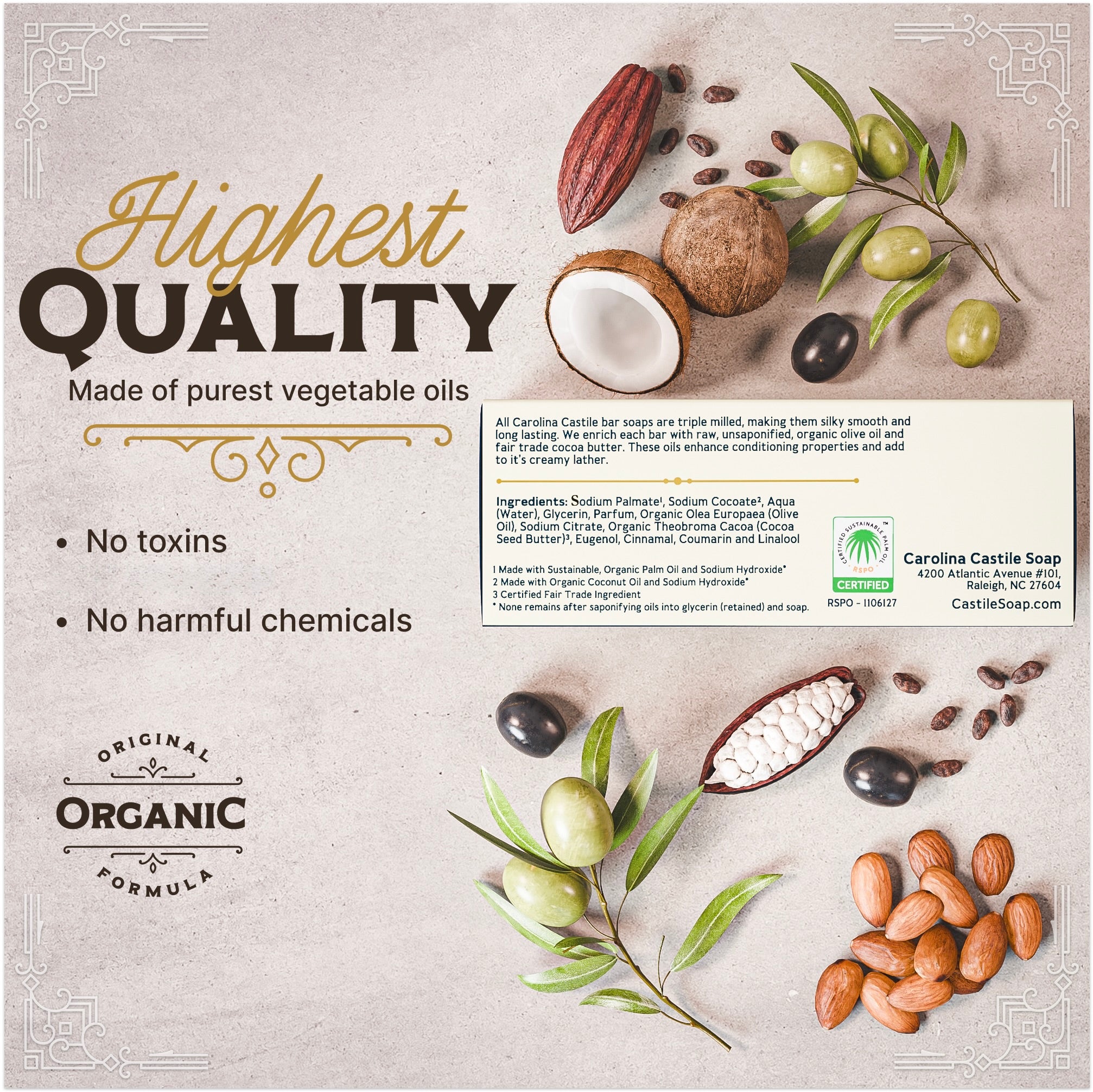 Infographic for Caroline Castille Soap Tobacco Vanilla Bars with ingredients and quality assurances on a textured background.