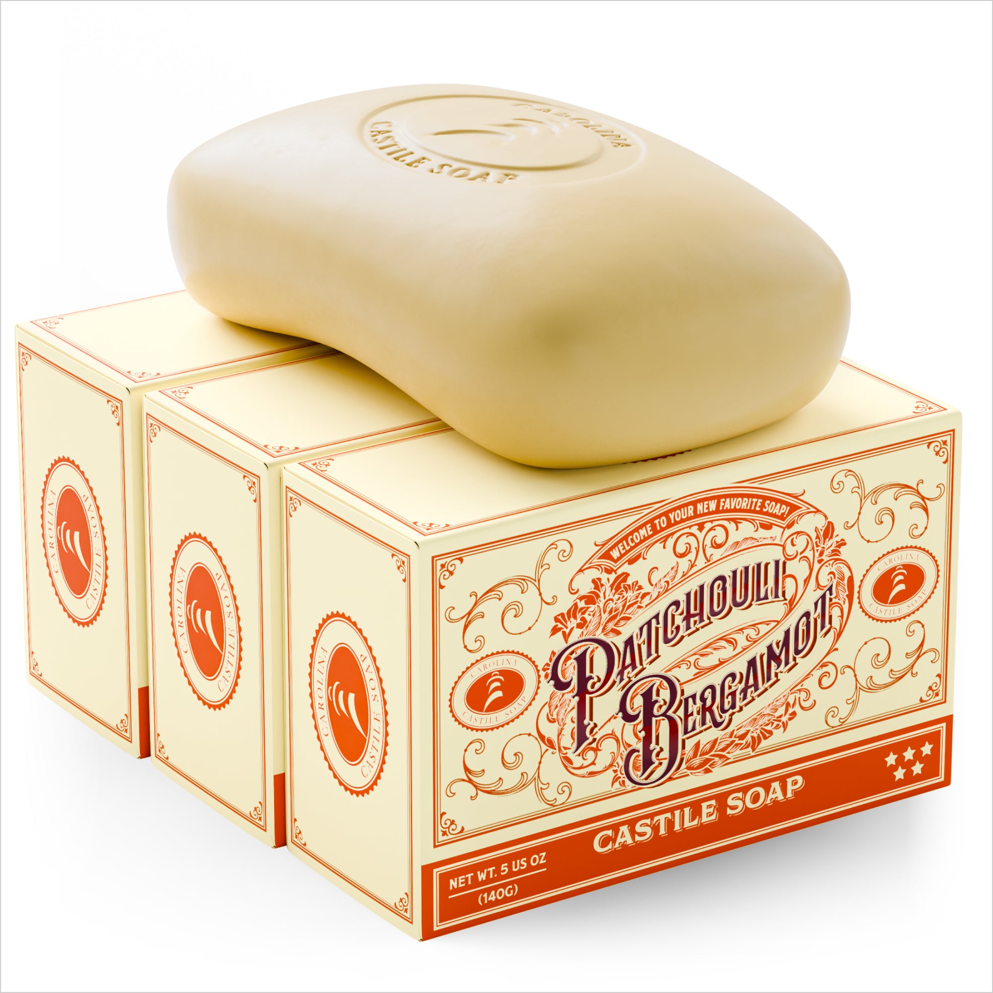 Bar of soap on its packaging with 'Patchouli Bergamot' branding.