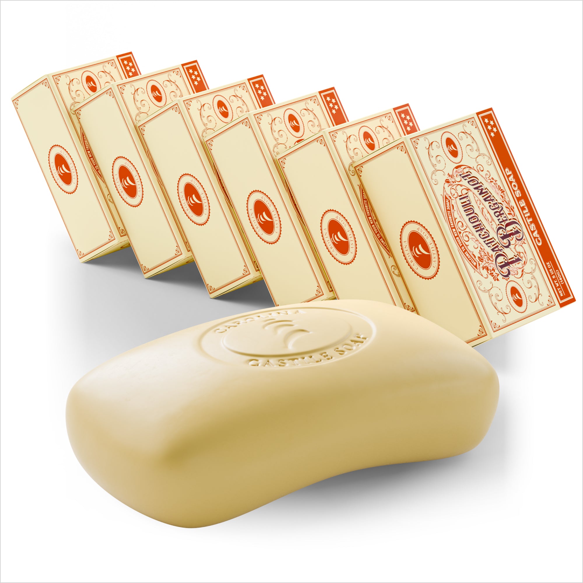 6 Bars of soap with packaging on a white background