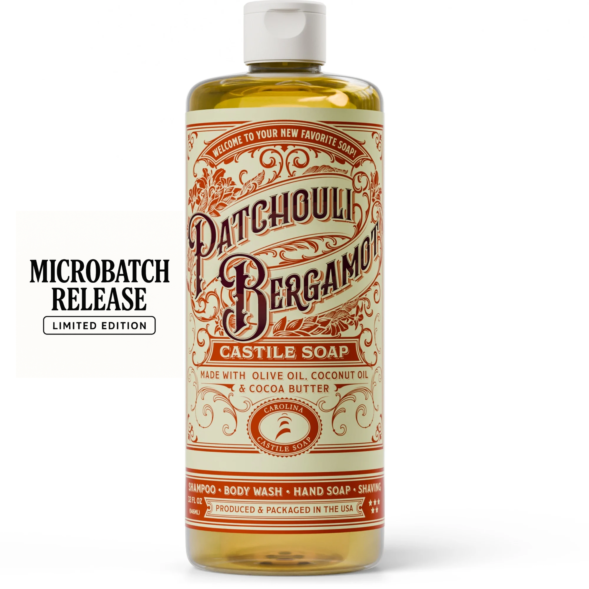Bottle of Patchouli Bergamot Castile Soap with a vintage label on a white background