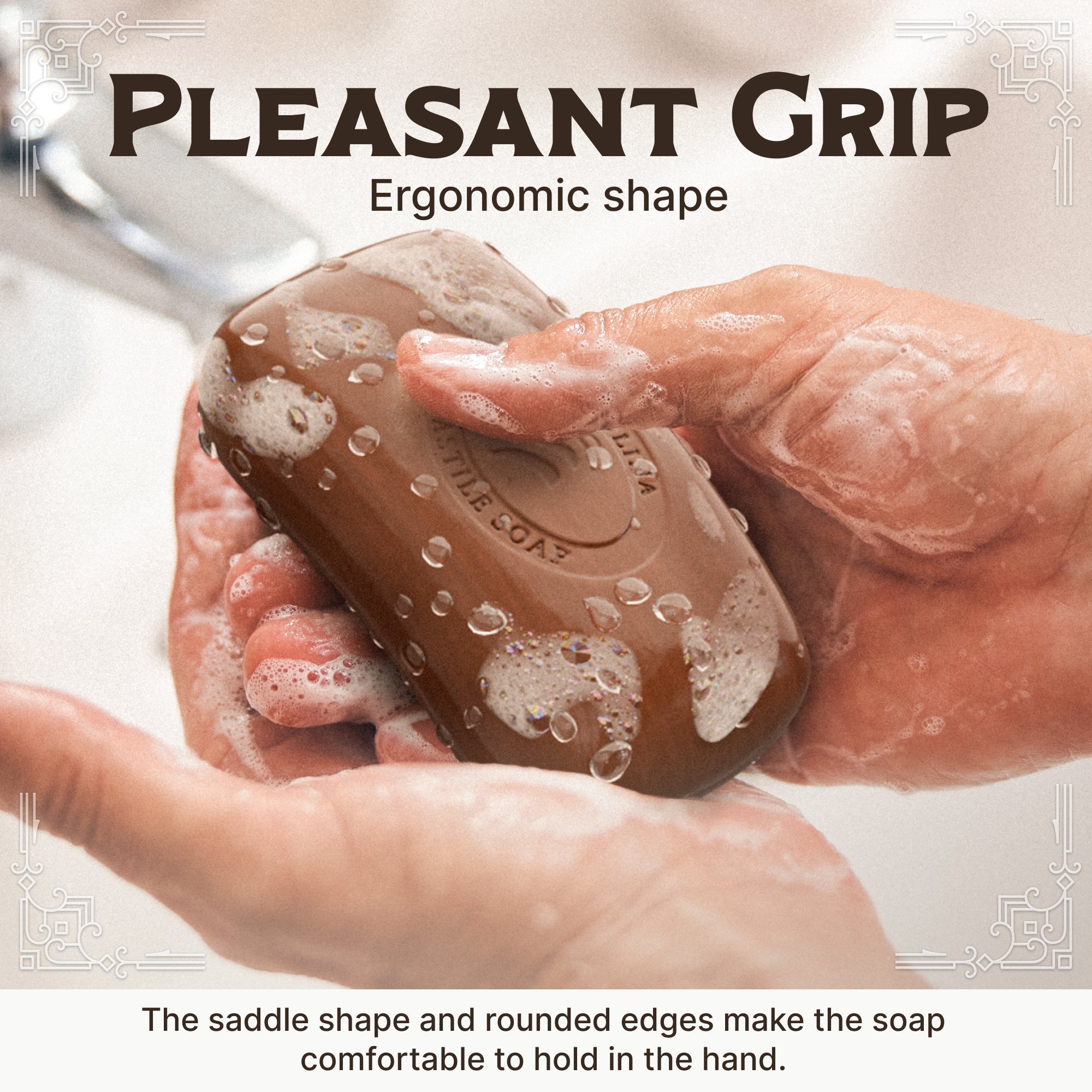 Brown bar of tobacco vanilla castile soap in someone's hands with suds. Text says "Pleasant Grip". 