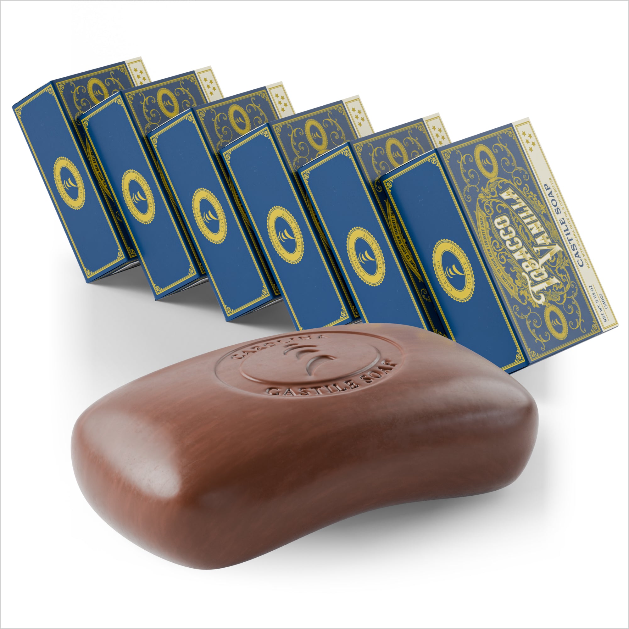 A brown bar of Castile Soap with the logo for Carolina Castile Soap stamped into the bar. Behind it is arranged 6 blue cartons that are soap packaging.