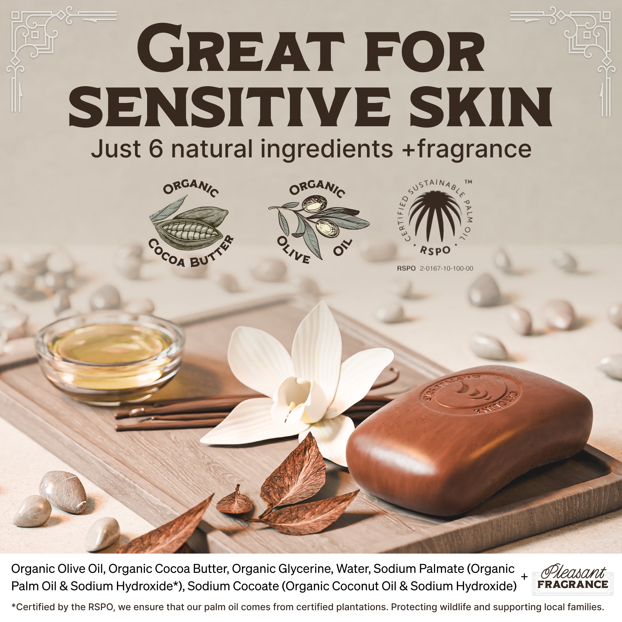 bar of brown soap with vanilla leaf next to it and brown leaves sitting on a cutting board.