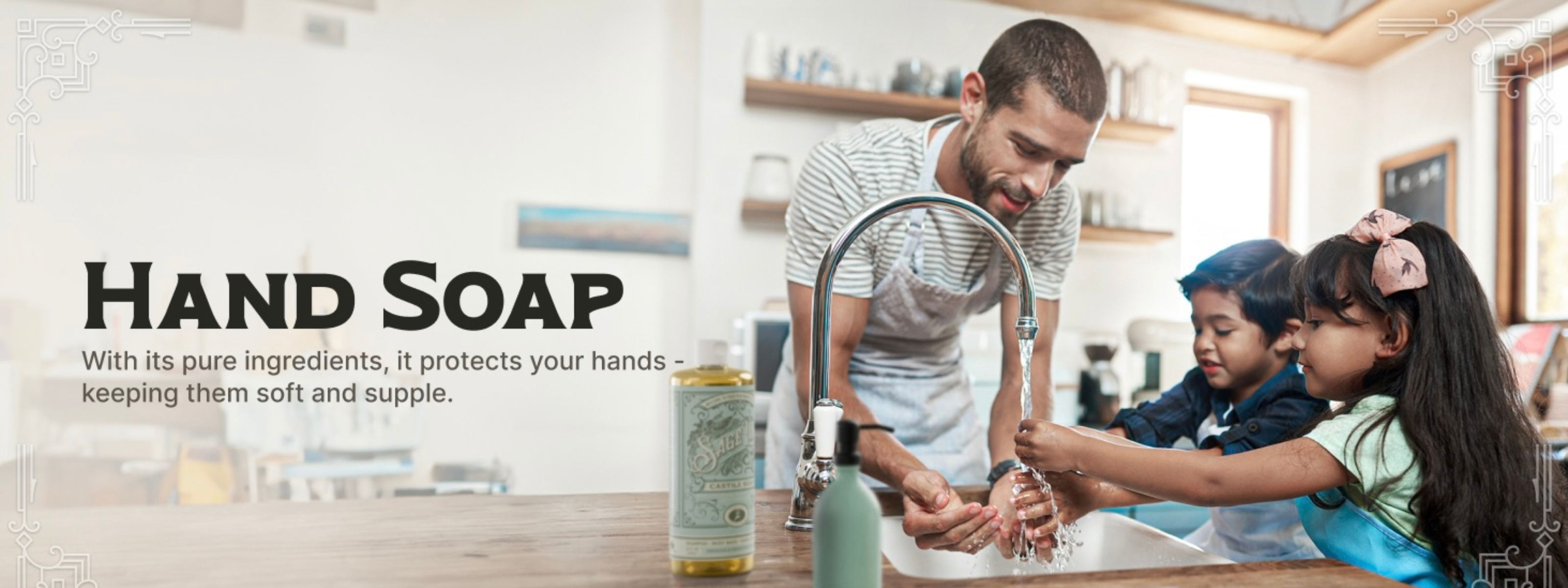 man helping his children wash their hands in kitchen sink with bottle of sage lime Castile Soap sitting near the sink