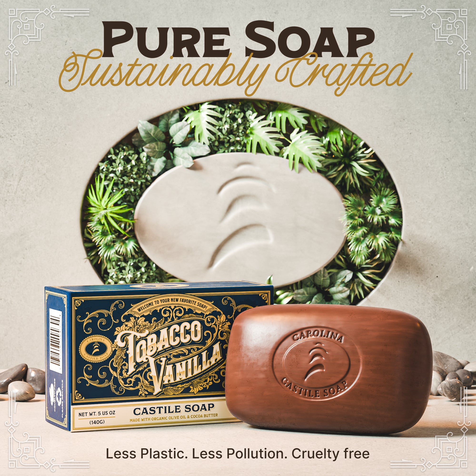 bar of brown tobacco vanilla soap presented in front of a green circle containing plants and a cream colored background with a lighthouse symbol. Text says "Pure Soap Sustainably Crafted"