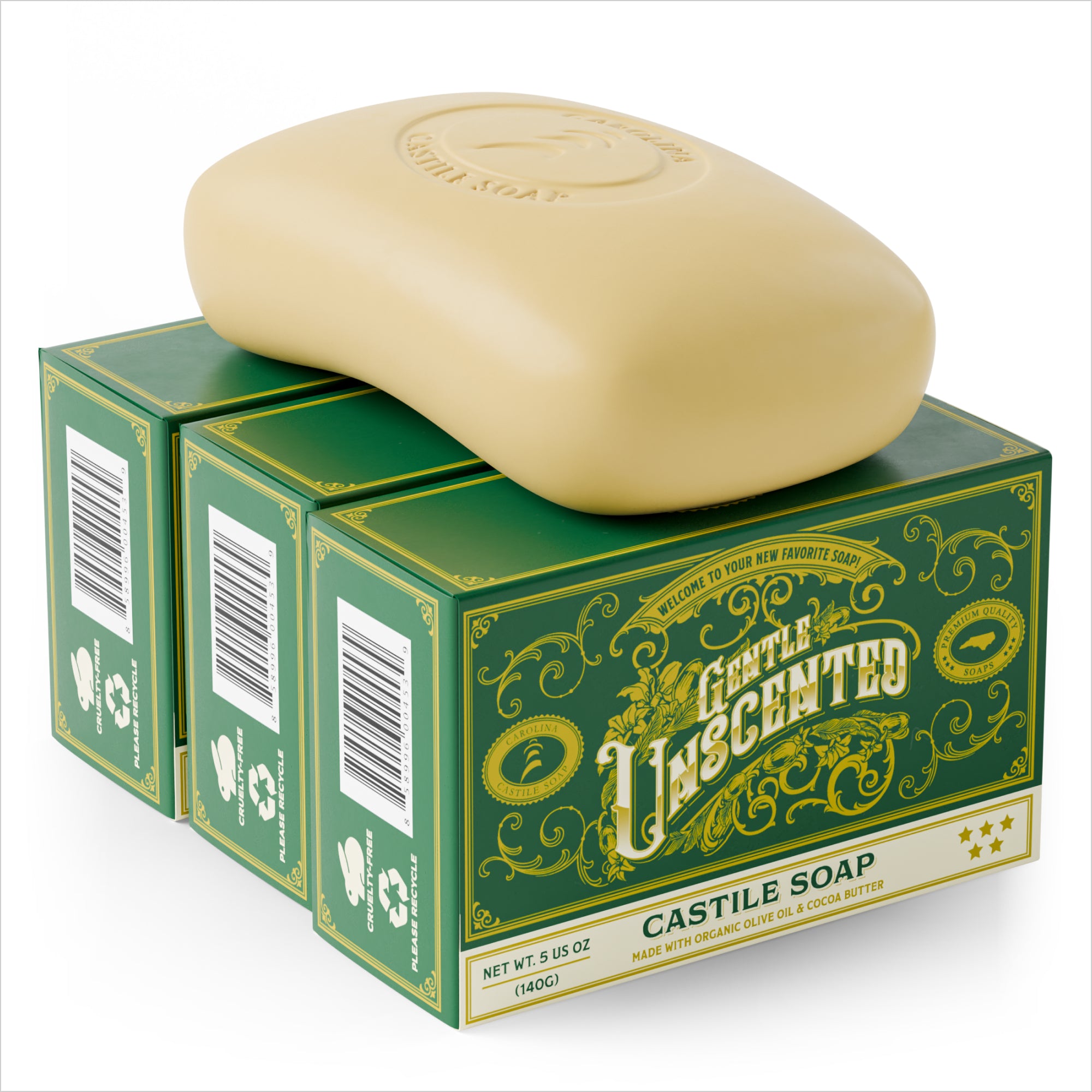 single bar of Castile Soap with Carolina Castile Soap logo stamped into it. The bar is sitting on top of 3 bar soap cartons arranged against each other. The cartons are forest green with the words "gentle unscented" and "Castile Soap" on it. 