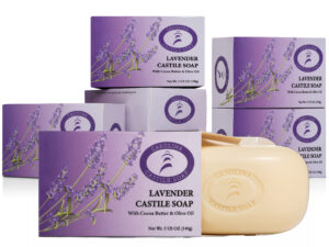 Lavender Castile Bar soaps arrangement of 6 bars with one bar partially extending from it’s carton
