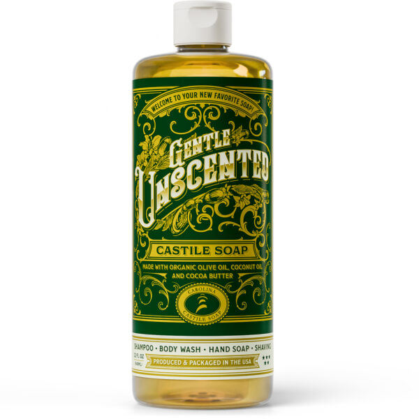 Bottle of liquid Castile Soap with green label that reads "Gentle Unscented"