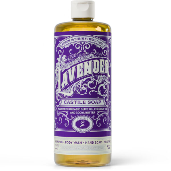 Bottle of lavender liquid castile soap with purple label.