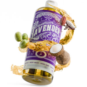 Bottle of lavender liquid castile soap with swirl of liquid soap encircling the outside of the bottle containing small images of olives coconuts and cocoa pods