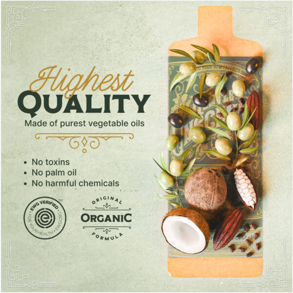 Graphic showing ingredients in a drawing of soap bottle. Ingredients shown are coconuts, olives and cocoa pods