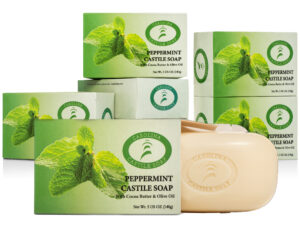6 bars of Peppermint Castile Soap with 1 bar partially extending from it's carton packaging