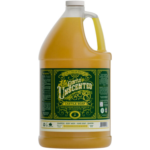 Jug of Castile Soap Unscented with green label and golden liquid inside.