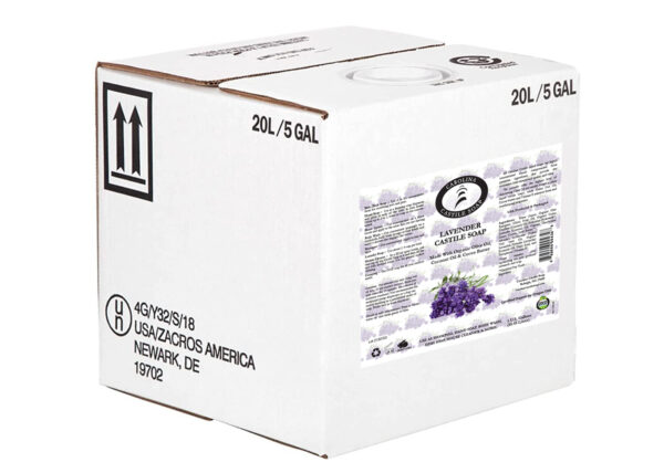 5 gallon Box of liquid soap with lavender label