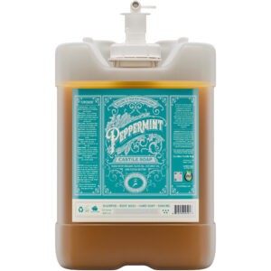 5 gallon jug of soap that is golden colored. The jug has a turqouise green label that says "Peppermint Castile Soap" on it.