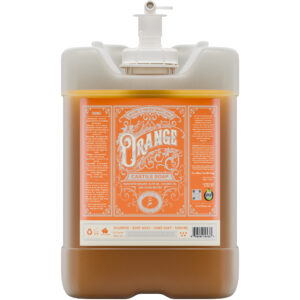 5 gallon jug of soap that is golden colored. The jug has a orange label that says "Orange Castile Soap" on it.