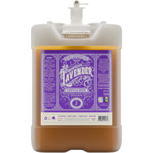 5 gallon jug of soap that is golden colored. The jug has a purple label that says "Lavender Castile Soap" on it.