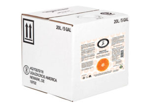 Box of liquid soap containing 5 gallons of orange castile soap