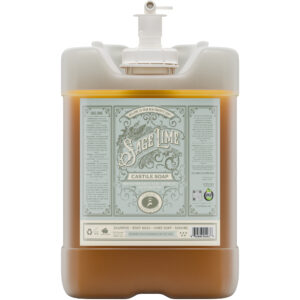 5 gallon jug of soap that is golden colored. The jug has a sage green label that says "Sage Lime Castile Soap" on it.