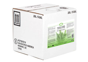 5 gallon box containing liquid castile soap with image of sage leafs on label