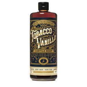 A bottle of Tobacco Vanilla Castile Soap with blue label and dark cap
