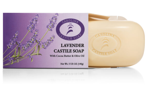Bar of Lavender Castile Soap extending partially from it's purple carton.