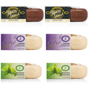 Image of 6 Castile Bar Soaps with the bars partially protruding from their carton. There are 2 Tobacco Vanilla, 2 Peppermint and 2 Lavender.